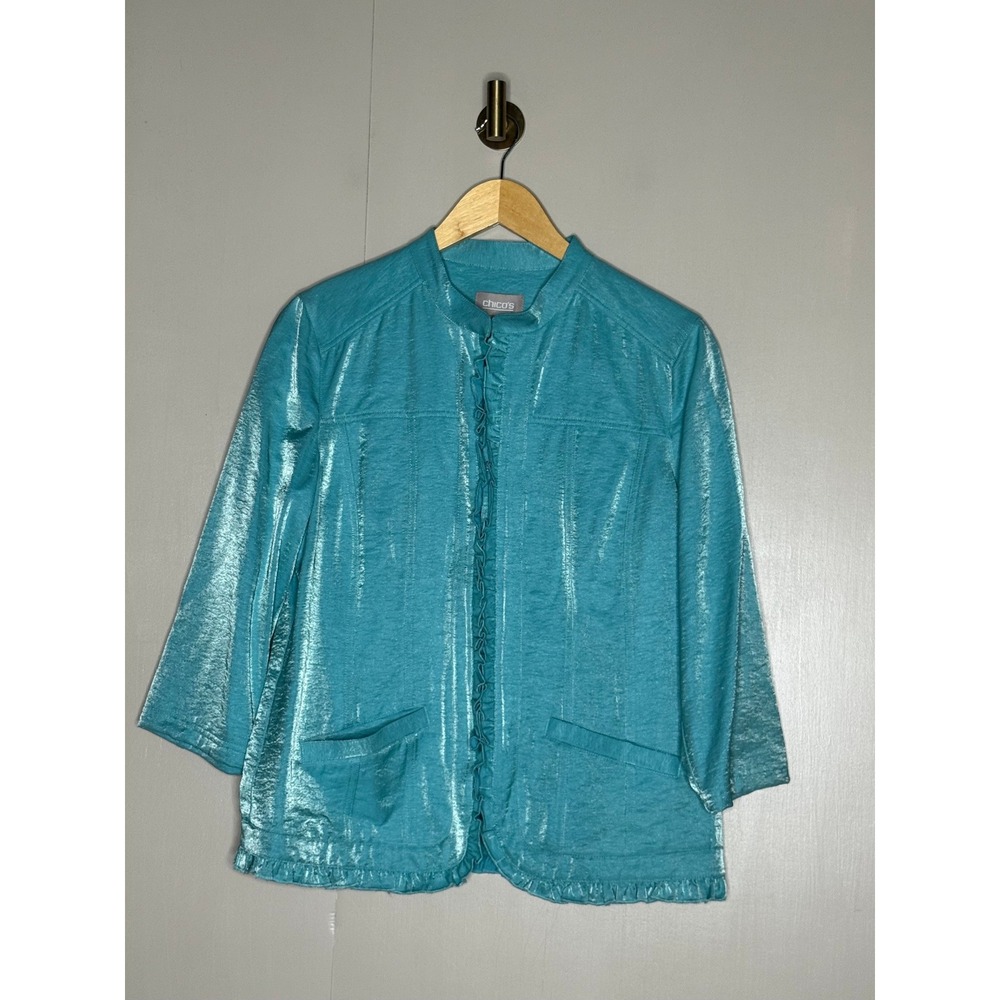 Chico's Turquoise Shimmer Crinkle Jacket Ruffle Trim Women's Size 1 Medium